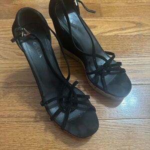 Prada Black Wedge Shoes with Strappy Design